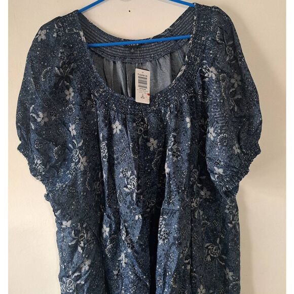 Torrid womens 2xl blue denim shift dress tiered boho pockets puff sleeve - Picture 3 of 8